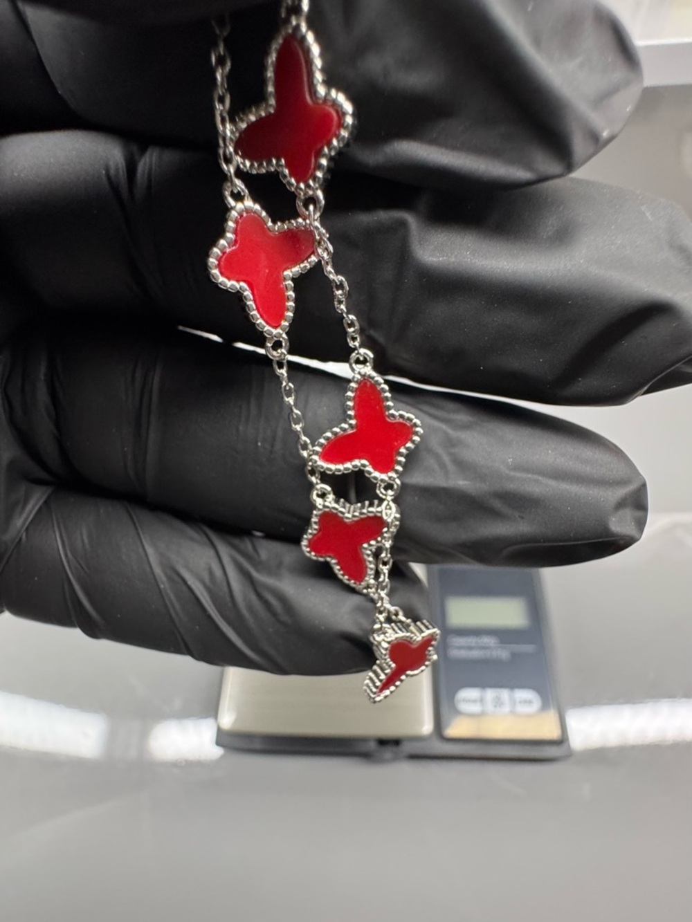 7 plus 1 inch 925 Sterling Silver Red Enamel Butterfly Bracelet